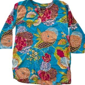 Kikisol Tunic Top Blue Floral Lightweight 3/4 Sleeve Tropical Cotton Medium